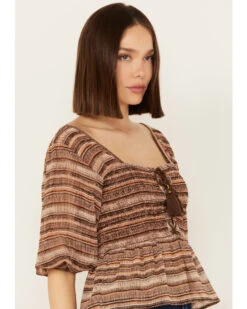 Shyanne 7 Shyanne Women's Smocked Lace-Up Print Top